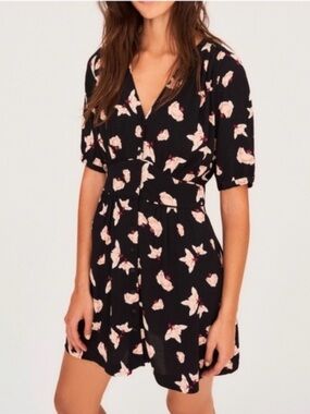 ba&sh Marine Navy Magnolia Floral Mini Dress Button Front Cinched Waist: US 6